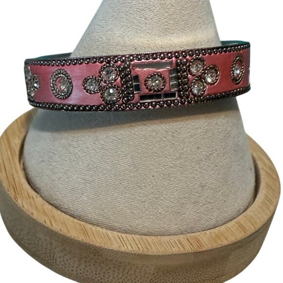 Pink Silver Tone Crystal Cuff Bracelet 7.5” Mirrored Beads Boho Glam - Picture 7 of 7
